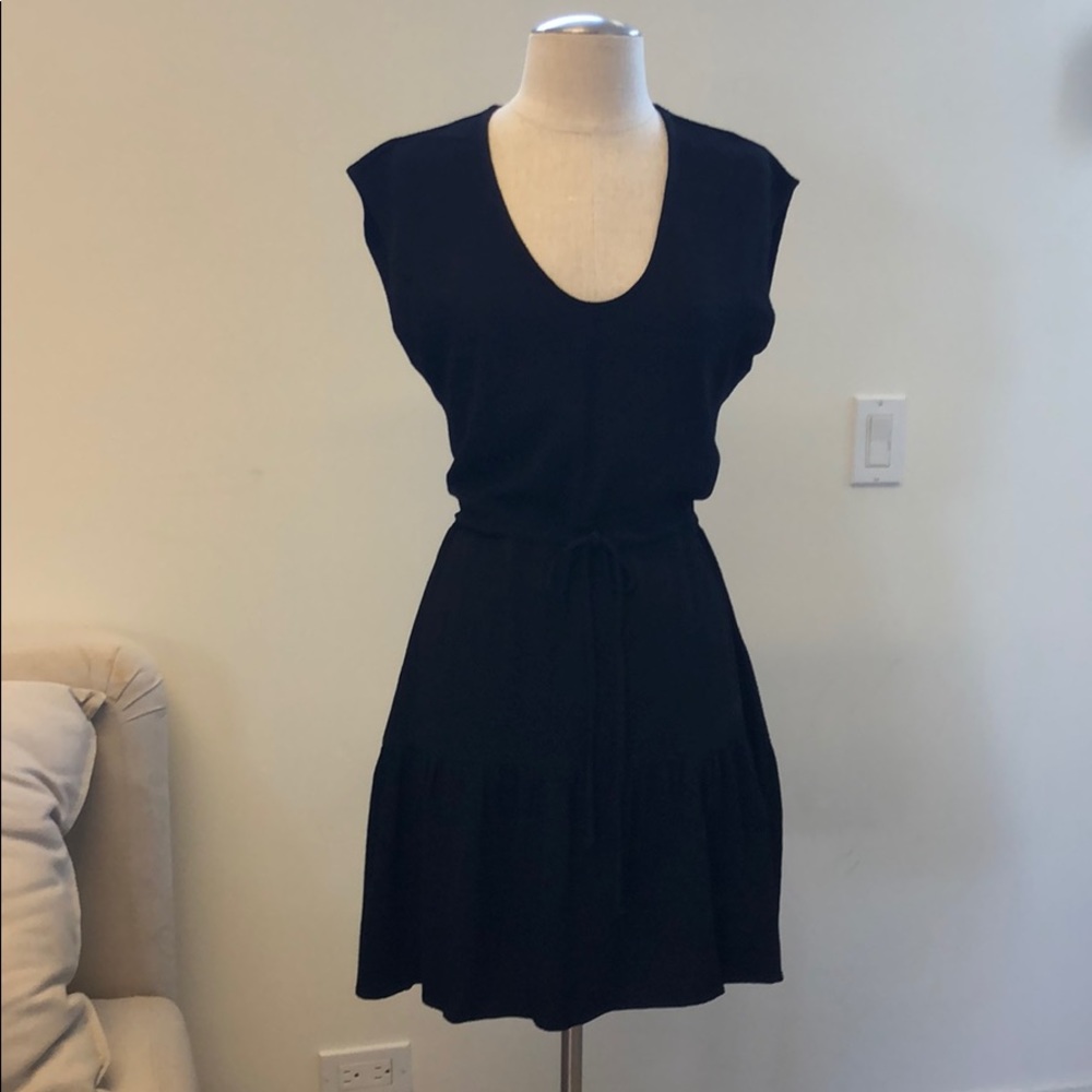 Black Woven tie-waist ruffle mini dress